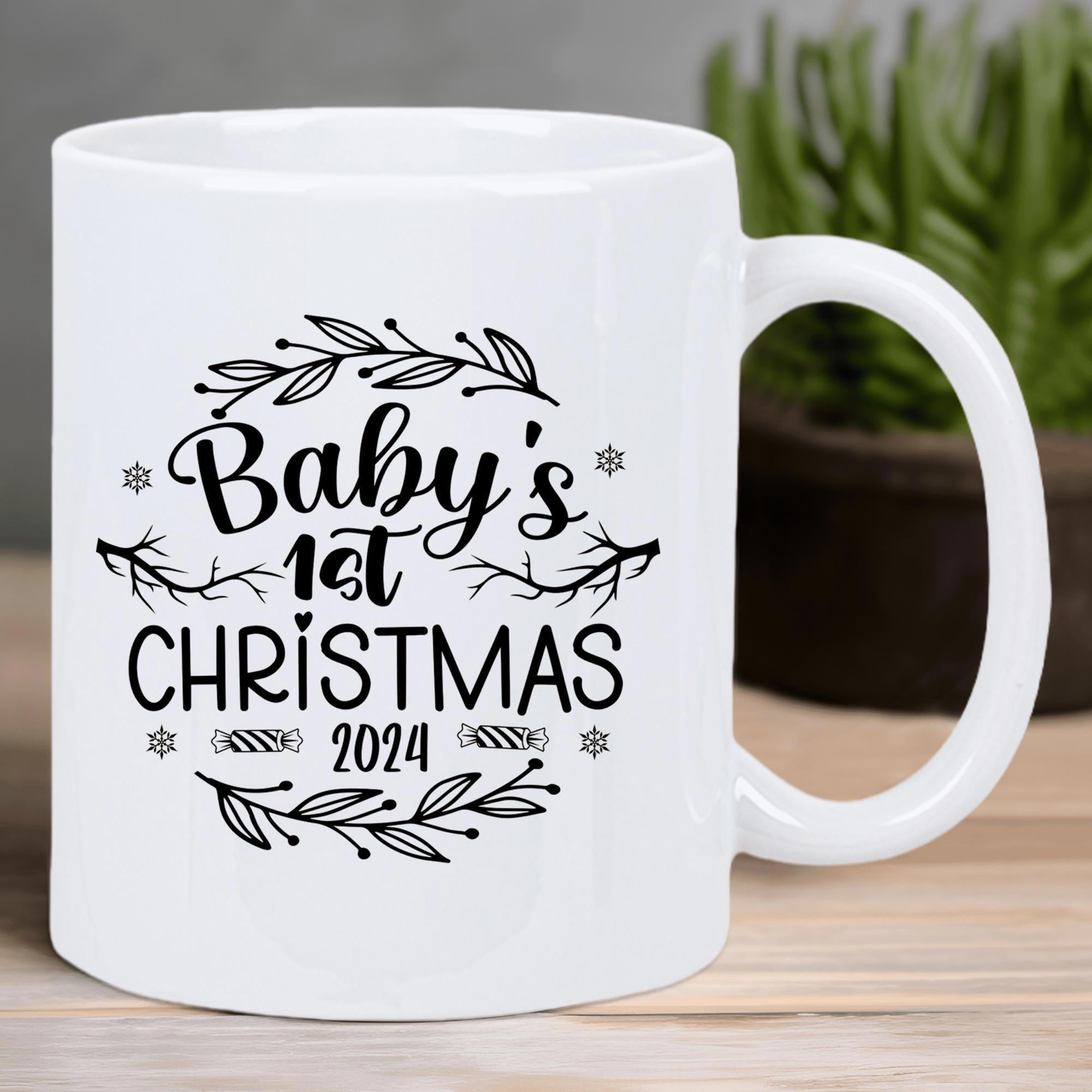 Tailorly White Ceramic 11 oz Mug - Babys 1st Christmas 2024 Elegant Hand Drawn Foliage Wreath With Dainty Winter Snowflakes Wreath