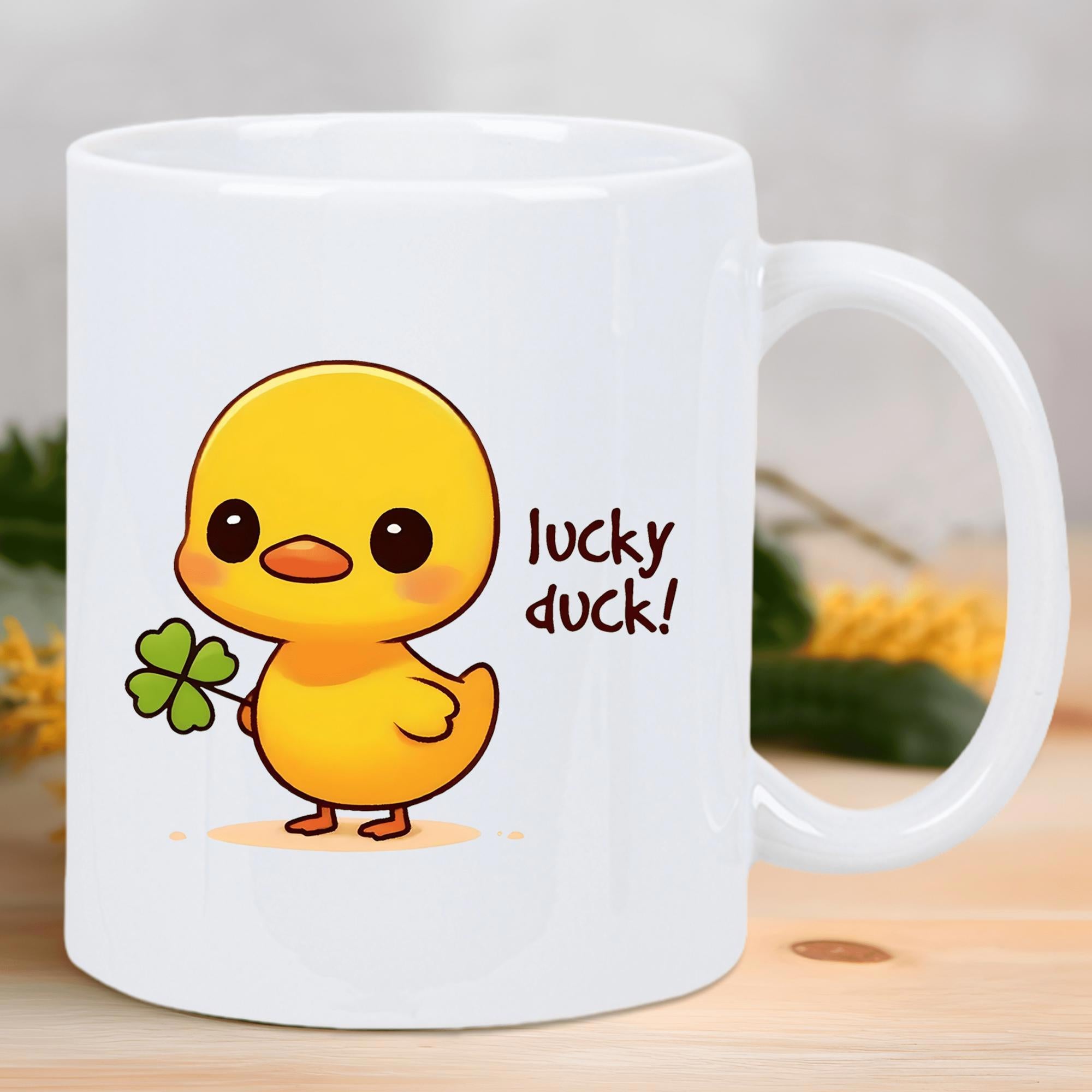 Tailorly White Ceramic 11 oz Mug - Lucky Duck Adorable Yellow Cartoon Duckling Holding Four Leaf Clover Duck