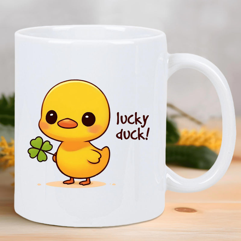 Tailorly White Ceramic 11 oz Mug - Lucky Duck Adorable Yellow Cartoon Duckling Holding Four Leaf Clover Duck