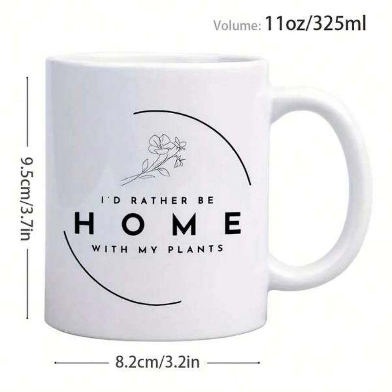 Tailorly White Ceramic 11 oz Mug - Id Rather Be Home With My Plants Minimalist Line Drawing Of Delicate Flower Petals Between Elegant Curved Lines Plant