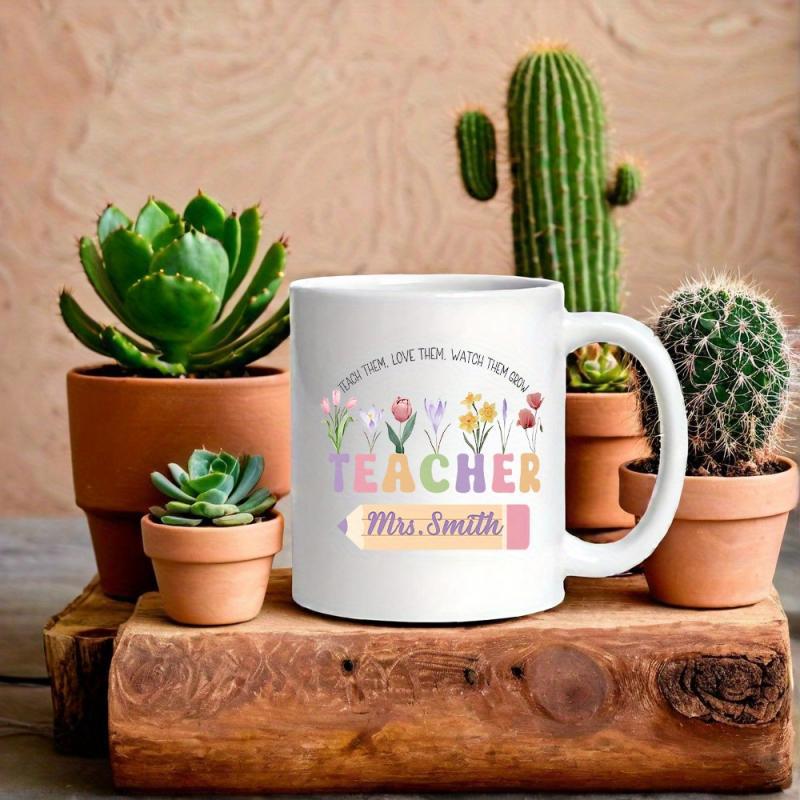 Tailorly White Ceramic 11 oz Mug - Teacher Mrs Smith Colorful Spring Wildflowers Blooming Over A Long Pink Decorative Pencil Flower