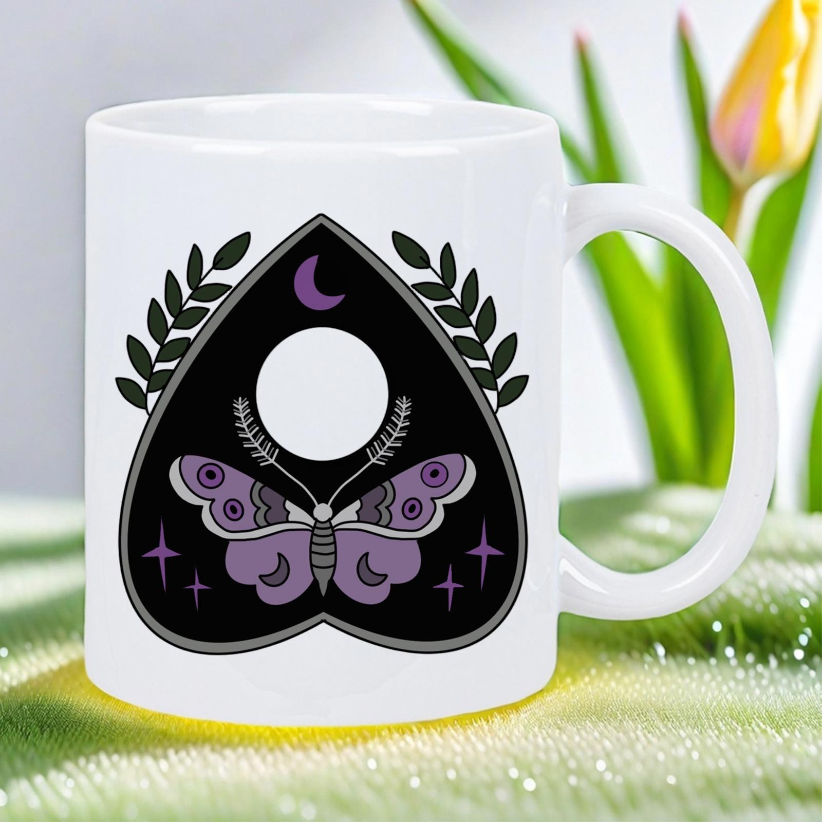Tailorly White Ceramic 11 oz Mug - Gothic Mystical Planchette Design With Purple Moth Among Stars And Delicate Leaves Moth