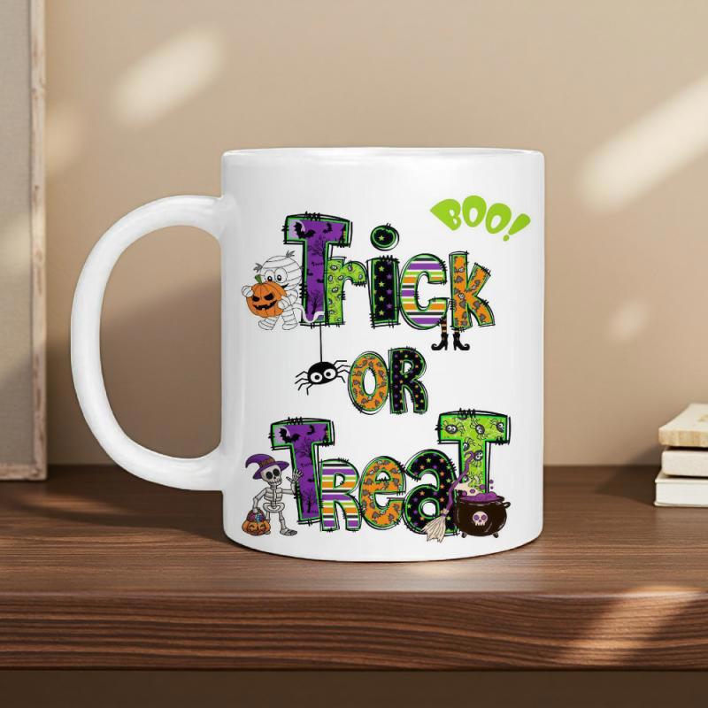 Tailorly White Ceramic 11 oz Mug - Trick Or Treat Boo Playful Halloween Illustrations With Dancing Skeleton And Bubbling Black Cauldron Mug