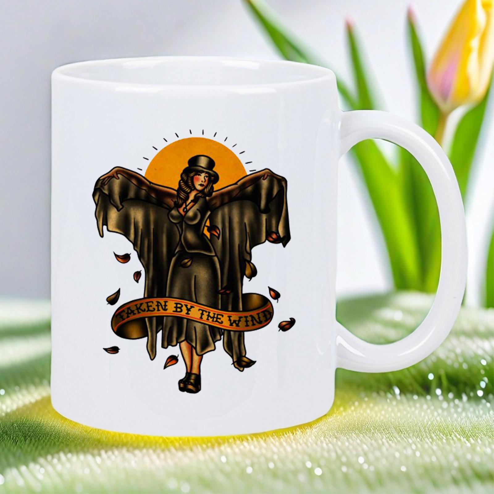 Tailorly White Ceramic 11 oz Mug - Driven By The Wind Dark Winged Woman Standing Before Golden Sunset With Falling Autumn Leaves Angel