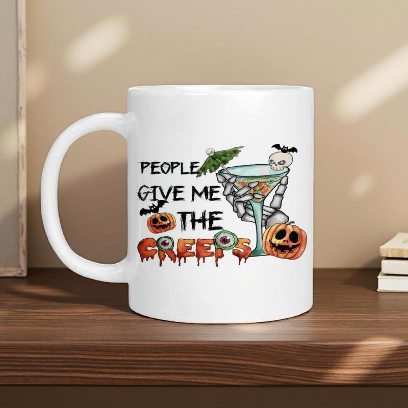 Tailorly White Ceramic 11 oz Mug - People Give Me The Creeps Spooky Skeleton Hand Holding A Cocktail Among Festive Halloween Pumpkins Skeleton Hand