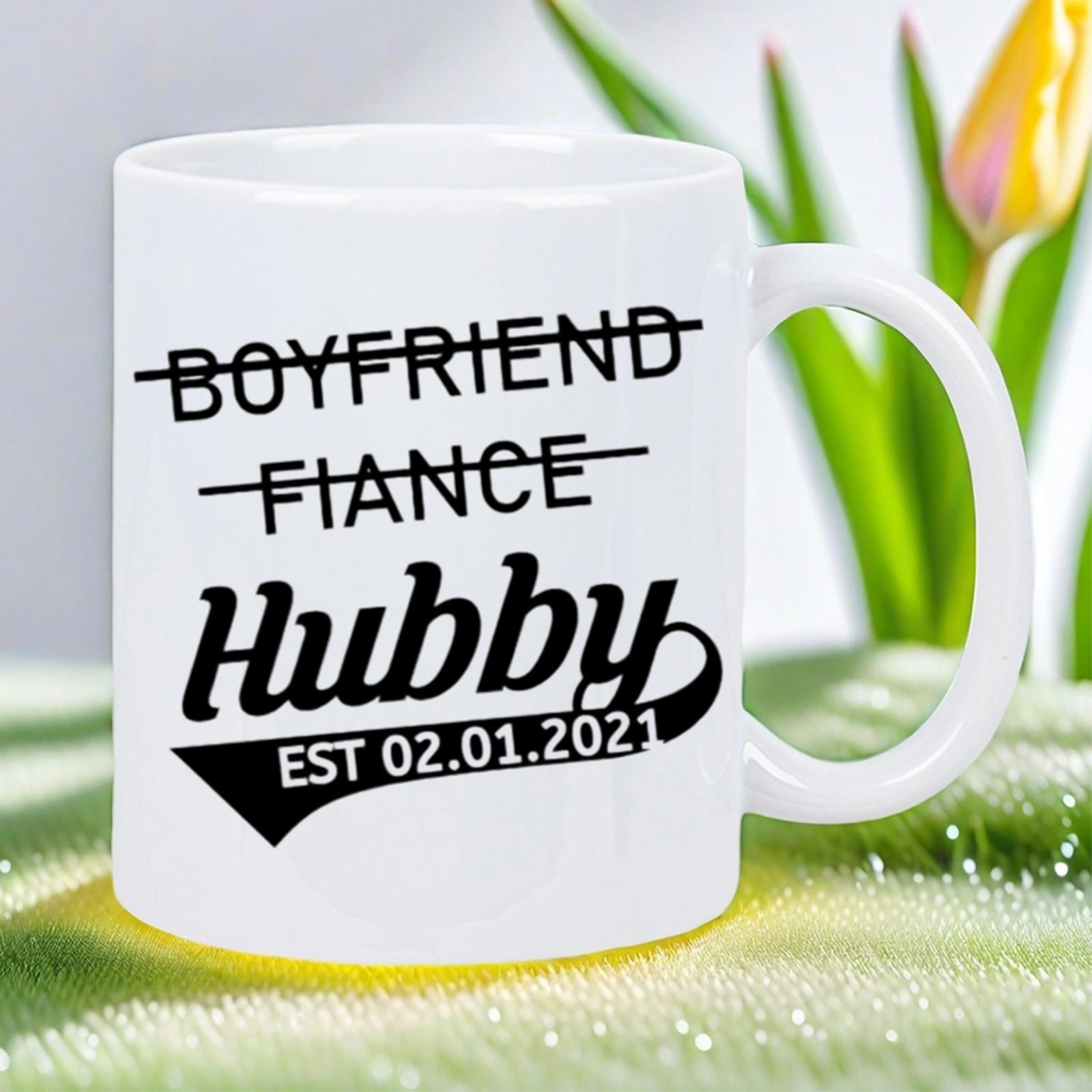 Tailorly White Ceramic 11 oz Mug - Boyfriend Fiance Hubby EST 02.01.2021 Simple White Ceramic Vessel Featuring Bold Black Typography And Horizontal Lines Mug