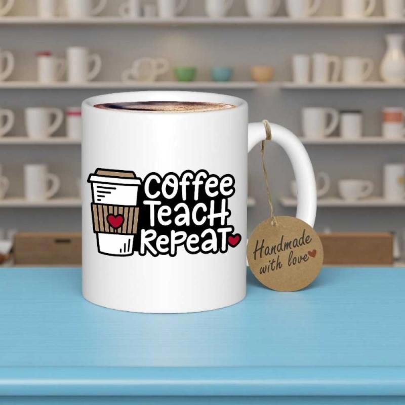 Tailorly White Ceramic 11 oz Mug - Coffee Teach Repeat Minimalist Line Drawing Of A Takeaway Cup With Small Red Hearts Mug