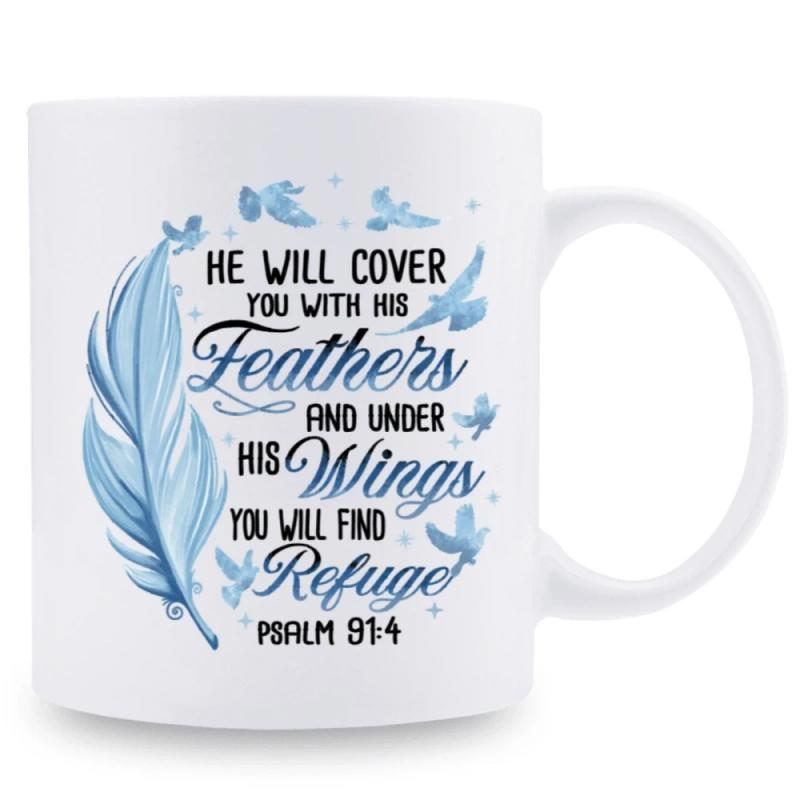 Tailorly White Ceramic 11 oz Mug - He Will Cover You With His Feathers And Under His Wings You Will Find Refuge Psalm 91 4 Soft Blue Watercolor Texture Among