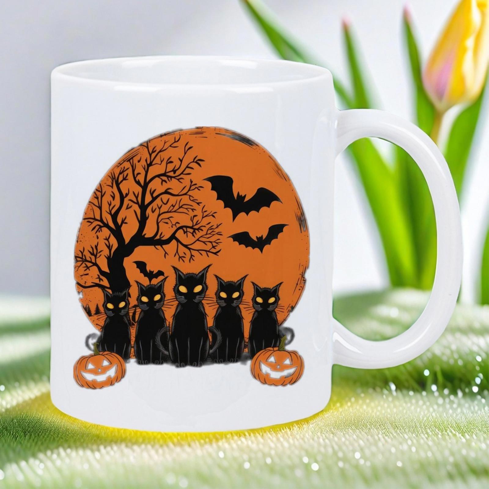 Tailorly White Ceramic 11 oz Mug - Spooky Halloween Scene Featuring Bats And Pumpkins Under A Full Moon Cat