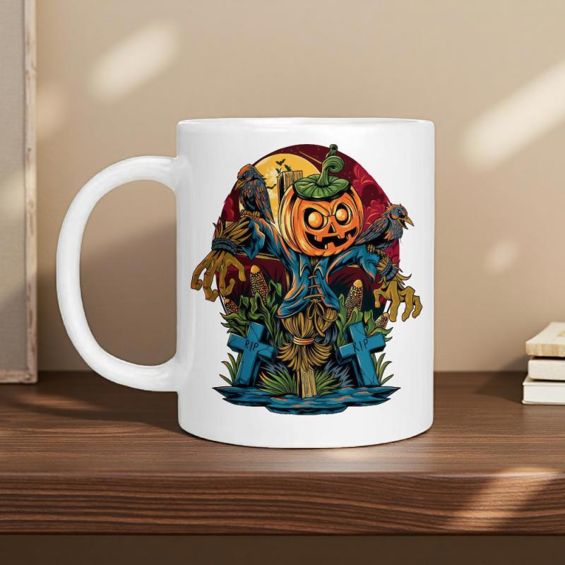 Tailorly White Ceramic 11 oz Mug - Spooky Halloween Graveyard Scene With Pumpkin Head Crows And Blue Crosses Scarecrow