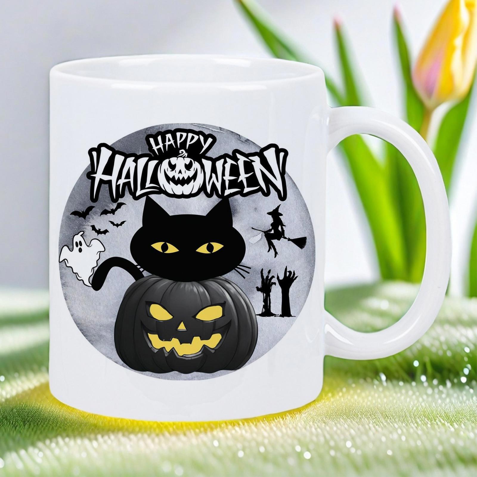 Tailorly White Ceramic 11 oz Mug - Happy Halloween Spooky Black Cat Sitting On Carved Jack O Lantern Under Moonlit Sky Pumpkin