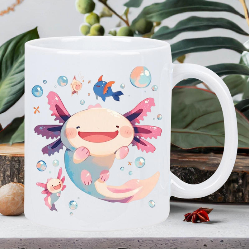 Tailorly White Ceramic 11 oz Mug - Smiling Pink And Blue Cartoon Creature Swimming Among Bubbles And Small Fish Axolotl
