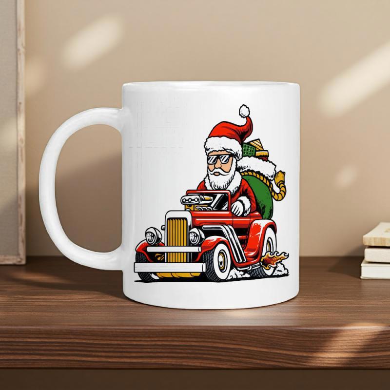 Tailorly White Ceramic 11 oz Mug - Vibrant Festive Santa Claus Driving Classic Red Vintage Racing Speeding Hot Rod