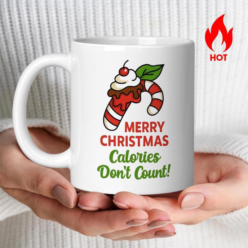 Tailorly White Ceramic 11 oz Mug - Merry Christmas Calories Don’t Count Festive Candy Cane Decorated With Chocolate Drizzle And Cherry Candy Cane