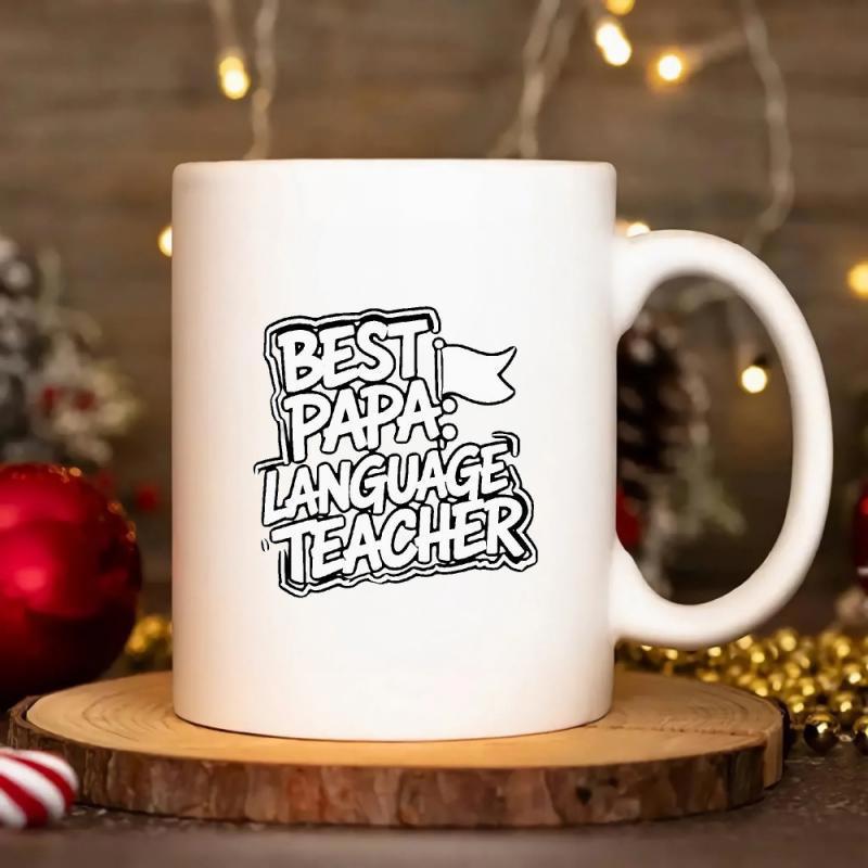 Tailorly White Ceramic 11 oz Mug - Best Papa Language Teacher Minimalist Hand Drawn Outlines Featuring A Small Waving Decorative Banner Sign