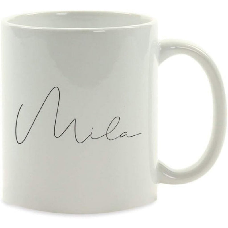 Tailorly White Ceramic 11 oz Mug - Mila Minimalist Cursive Hand Written Script On A Smooth