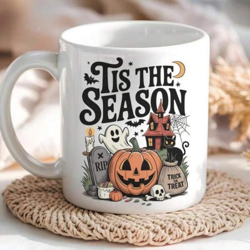 Tailorly White Ceramic 11 oz Mug - Tis The Season Spooky Haunted House Featuring Friendly Ghost Among Midnight Bats And Grinning Pumpkin