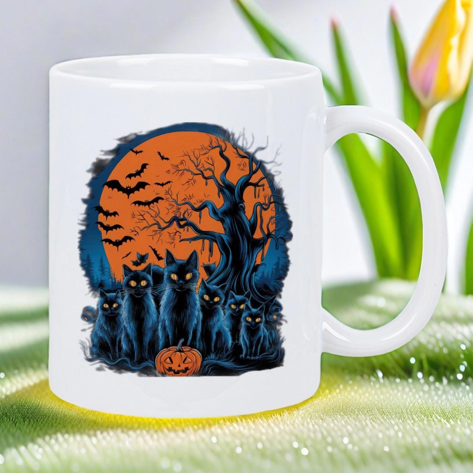 Tailorly White Ceramic 11 oz Mug - Spooky Black Felines Sitting Under A Large Glowing Orange Harvest Moon Cat