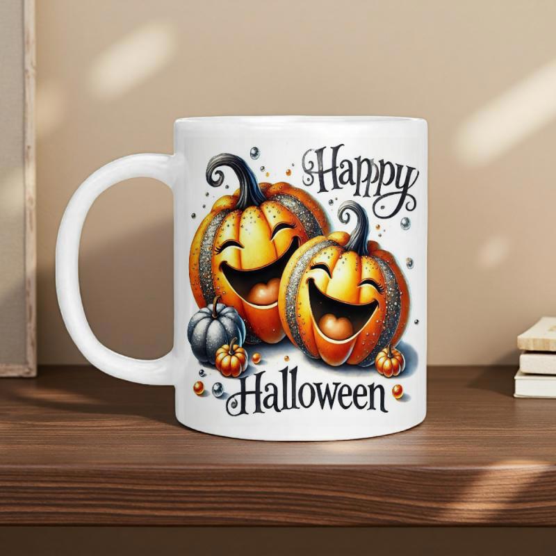 Tailorly White Ceramic 11 oz Mug - Happy Halloween Two Vibrant Smiling Jack O Lanterns Surrounded By Small Decorative Autumn Pumpkins Pumpkin