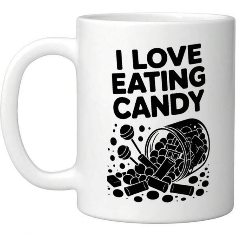 Tailorly White Ceramic 11 oz Mug - I Love Eating Candy Delicious Sweet Sweets Spilling From A Toppled Glass Jar Candy