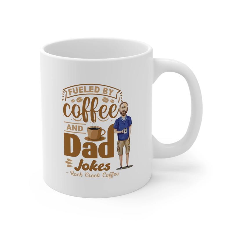Tailorly White Ceramic 11 oz Mug - Fueled By Coffee And Dad Jokes Cartoon Bearded Man Standing Holding Small Cup Of Coffee Man
