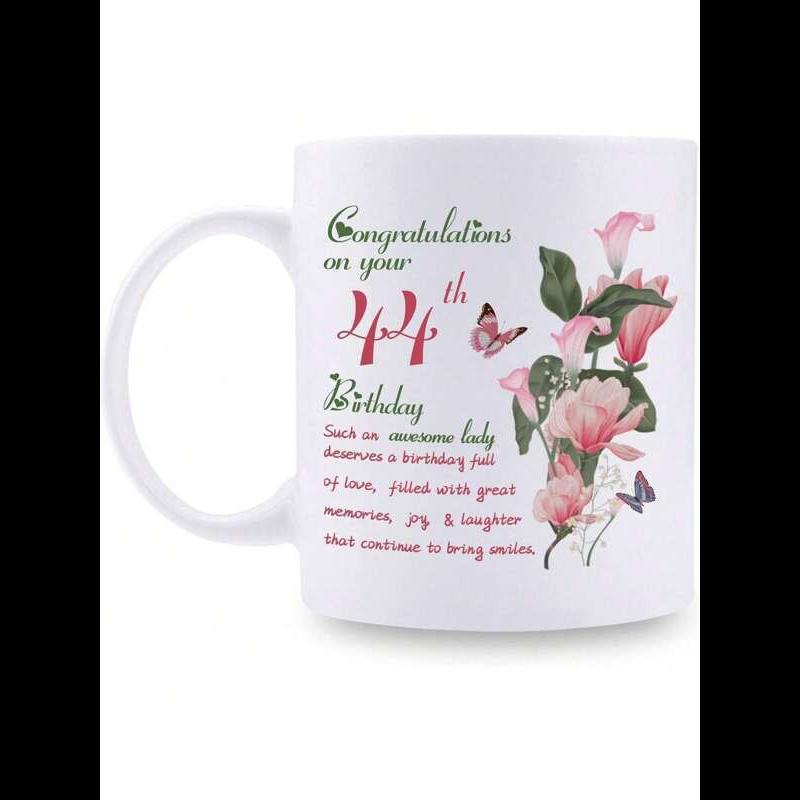 Tailorly White Ceramic 11 oz Mug - Congratulations On Your 24th Birthday Pink Floral Blooms Among Green Leaves With Flying Butterflies Decorative Birthday Flower