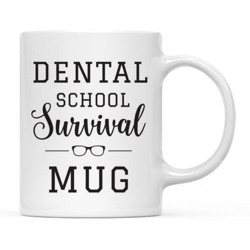 Tailorly White Ceramic 11 oz Mug - Dental School Survival Mug Simple Black Spectacles Silhouette Centered Within Bold Stylized Typography Mug