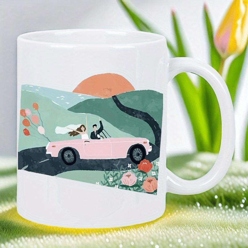 Tailorly White Ceramic 11 oz Mug - Romantic Newlywed Couple In Pink Convertible Driving Through Rolling Green Hills Car