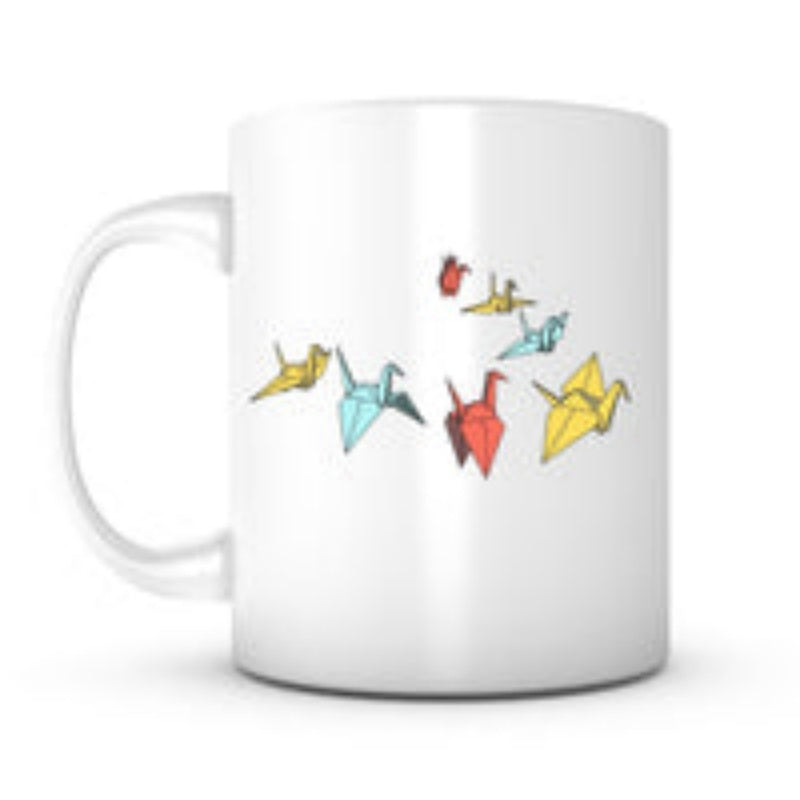 Tailorly White Ceramic 11 oz Mug - Colorful Paper Origami Flying Gracefully Through The Air In Soft Light Crane