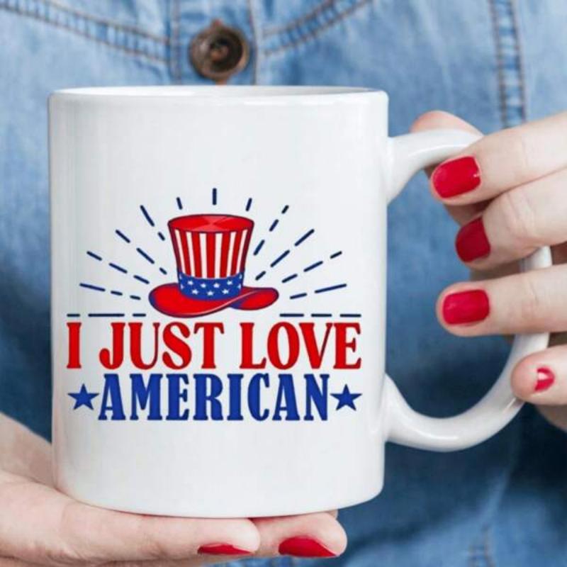 Tailorly White Ceramic 11 oz Mug - I Just Love American Patriotic Top Hat With Radiant Sunburst Lines And Stars Hat
