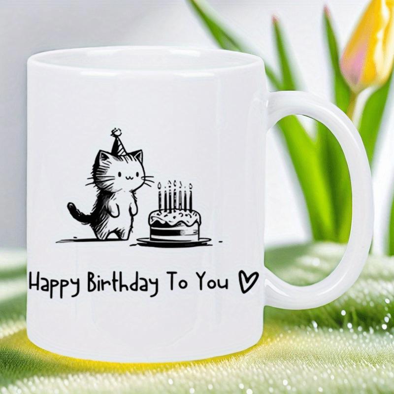Tailorly White Ceramic 11 oz Mug - Happy Birthday To You Hand Drawn Sketch Of Small Kitten Wearing Party Hat Beside Cake Cat