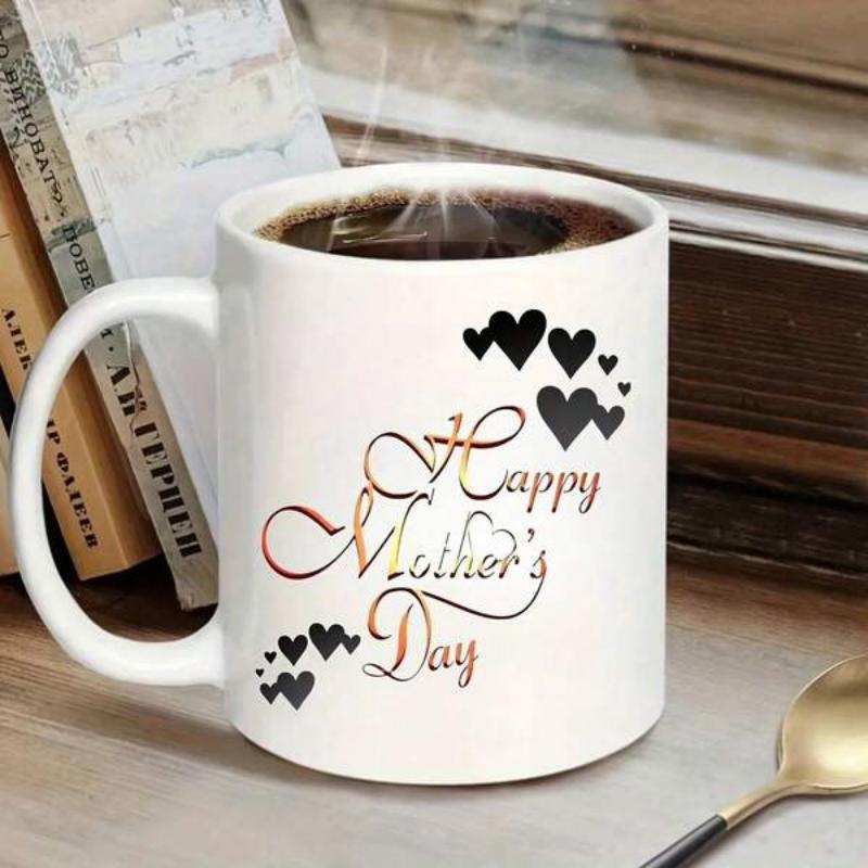 Tailorly White Ceramic 11 oz Mug - Happy Mother's Day Elegant Golden Script Surrounded By Floating Black Hearts Heart