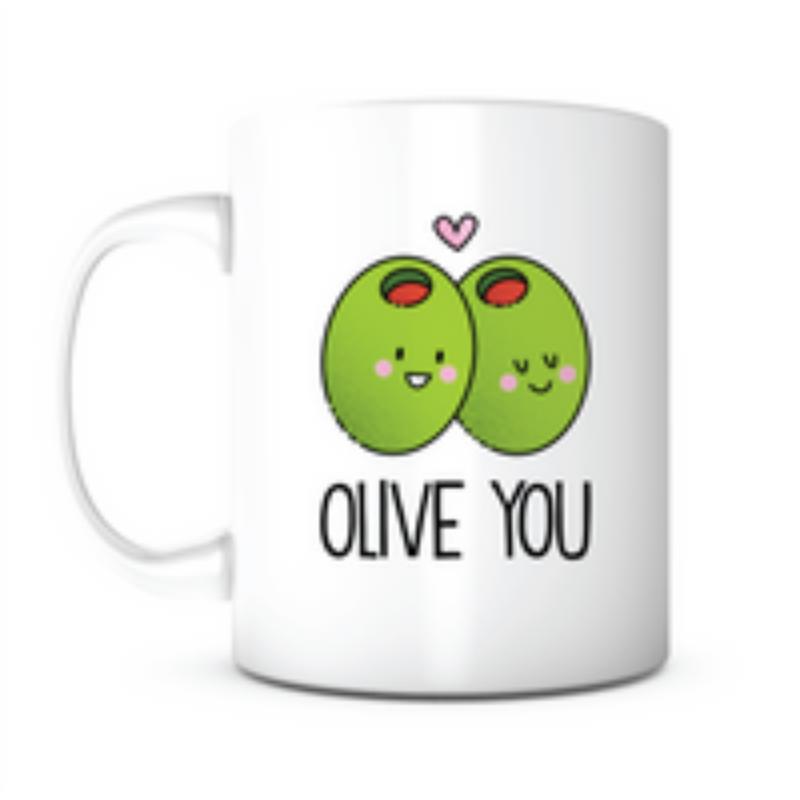 Tailorly White Ceramic 11 oz Mug - Olive You Two Smiling Green Food Characters Under A Small Pink Heart Olive