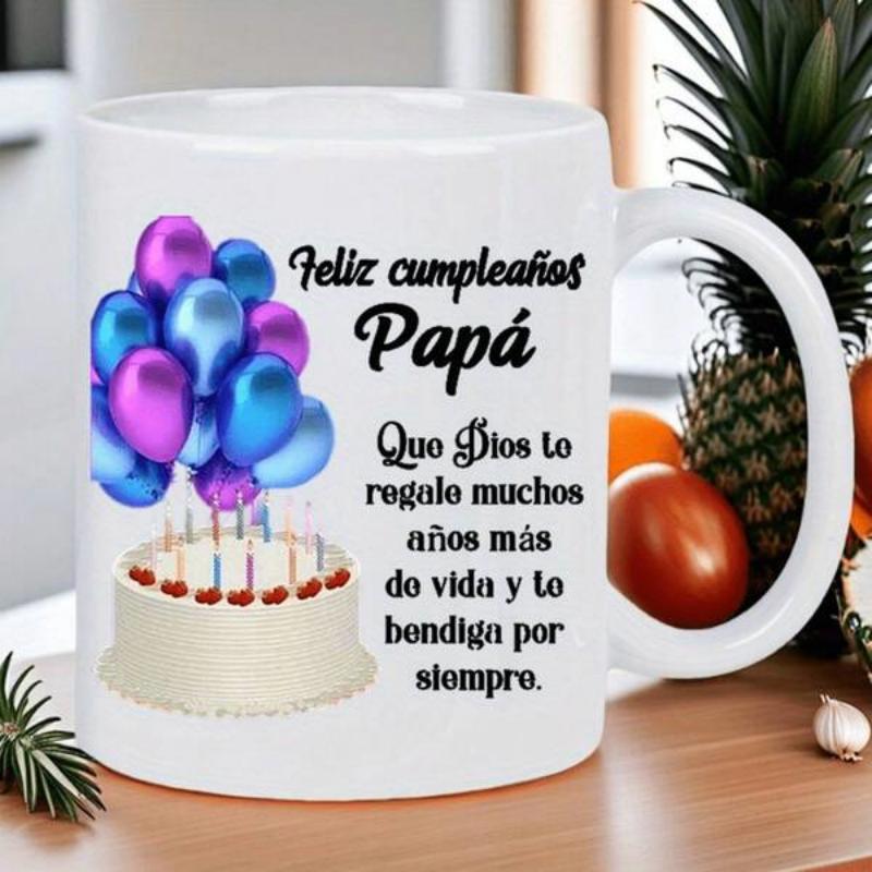 Tailorly White Ceramic 11 oz Mug - Bunch Of Shiny Blue And Purple Balloons Floating Above A Frosted Birthday Cake
