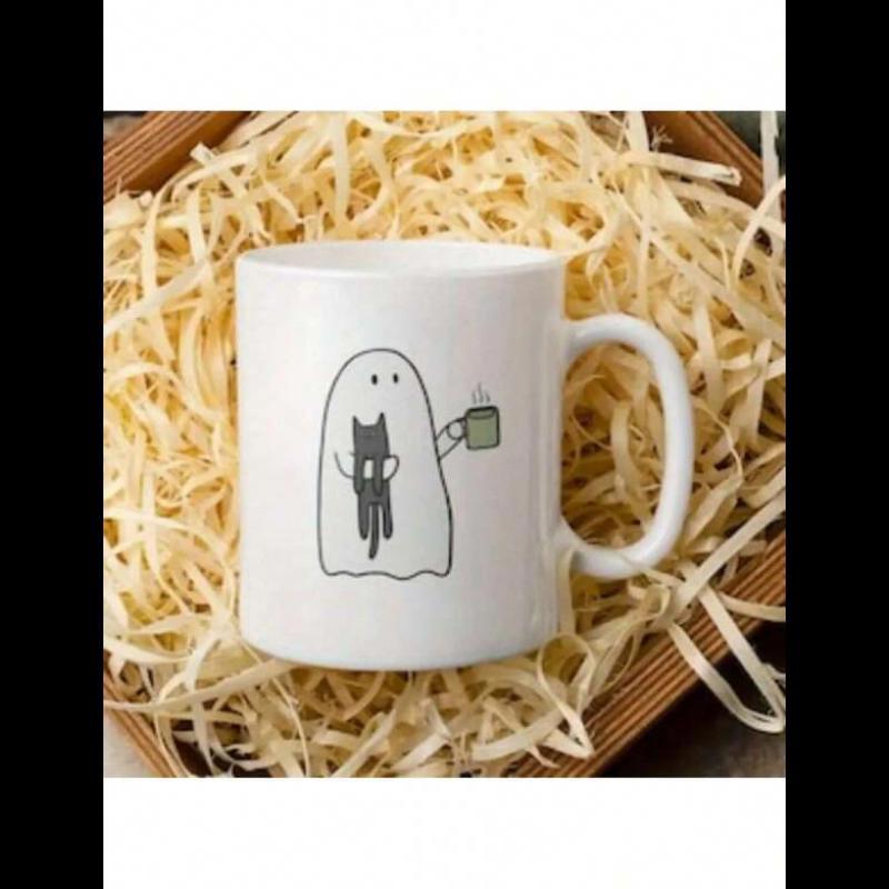 Tailorly White Ceramic 11 oz Mug - Whimsical Sheet Ghost Holding A Black Cat With A Small Green Mug Ghost