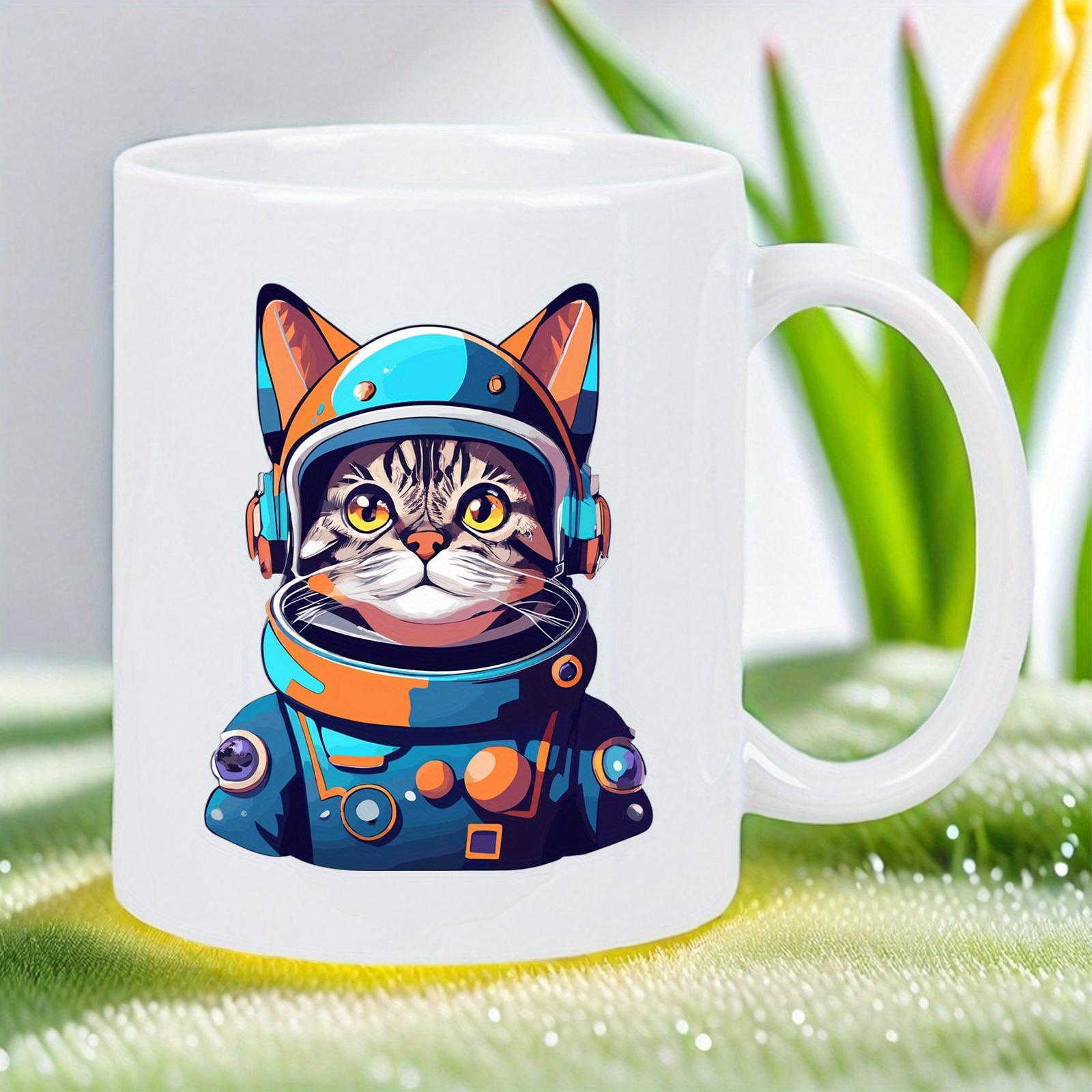 Tailorly White Ceramic 11 oz Mug - Cute Astronaut Pet Wearing Colorful Cybernetic Space Helmet And Gear Cat