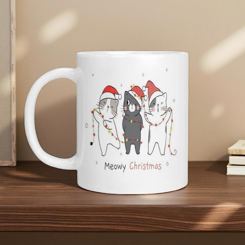 Tailorly White Ceramic 11 oz Mug - Meowy Christmas Three Festive Cartoon Kittens Wearing Santa Hats Tangled In Colorful Lights Cats