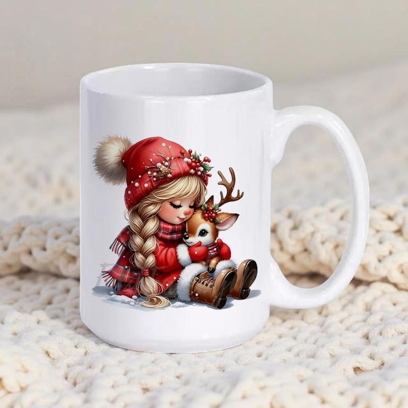 Tailorly White Ceramic 11 oz Mug - Cozy Winter Scene Of Little Girl Embracing A Sweet Tiny Reindeer