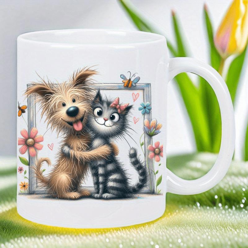 Tailorly White Ceramic 11 oz Mug - Adorable Scruffy Dog Embracing A Friendly Striped Tabby Among Vibrant Flowers Cat