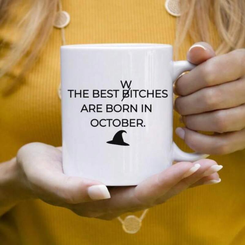 Tailorly White Ceramic 11 oz Mug - The Best Bitches Are Born In October Minimalist Black Witch Hat Silhouette Among Bold Halloween Typography Witch Hat