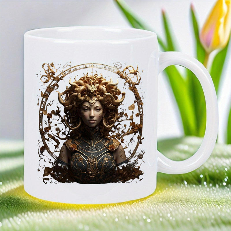 Tailorly White Ceramic 11 oz Mug - Intricate Golden Ornate Frame Surrounding A Mystical Ancient Mythology Goddess