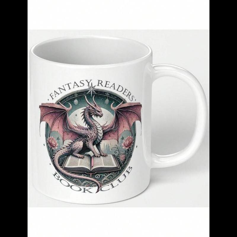 Tailorly White Ceramic 11 oz Mug - Fantasy Readers Book Club Majestic Winged Creature Perched On An Open Ancient Grimoire Within Circle Dragon