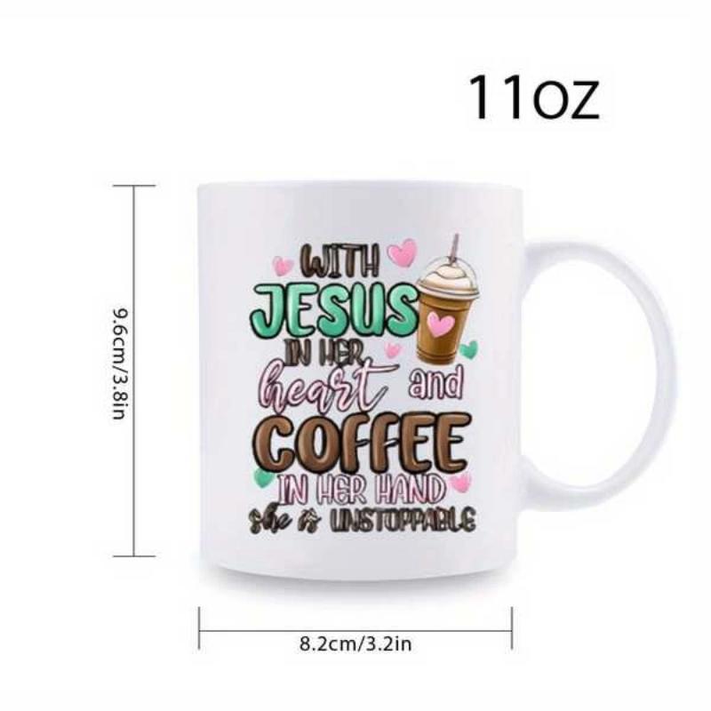 Tailorly White Ceramic 11 oz Mug - With Jesus In Her Heart And Coffee In Her Hand She Is Unstoppable Sweet Pink Hearts Surrounding A Delicious Topped Creamy Coffee