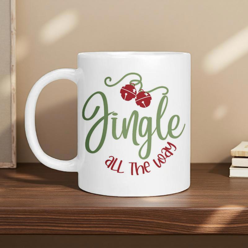 Tailorly White Ceramic 11 oz Mug - Jingle All The Way Two Red Holiday Bells With Elegant Green Swirling Ribbons Mug