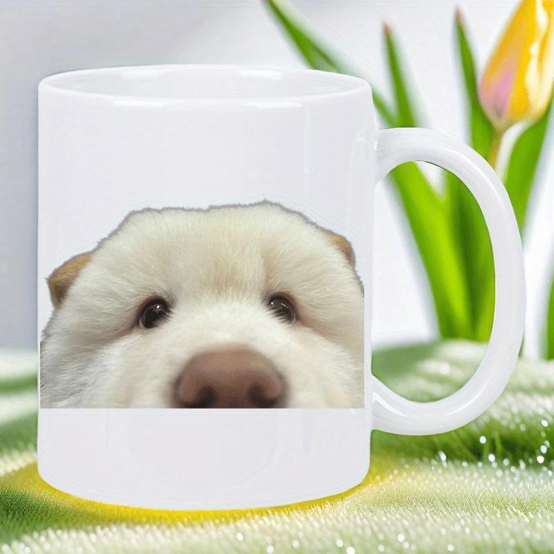 Tailorly White Ceramic 11 oz Mug - Curious Fluffy White Puppy Peeking With Dark Eyes And Cute Nose Dog