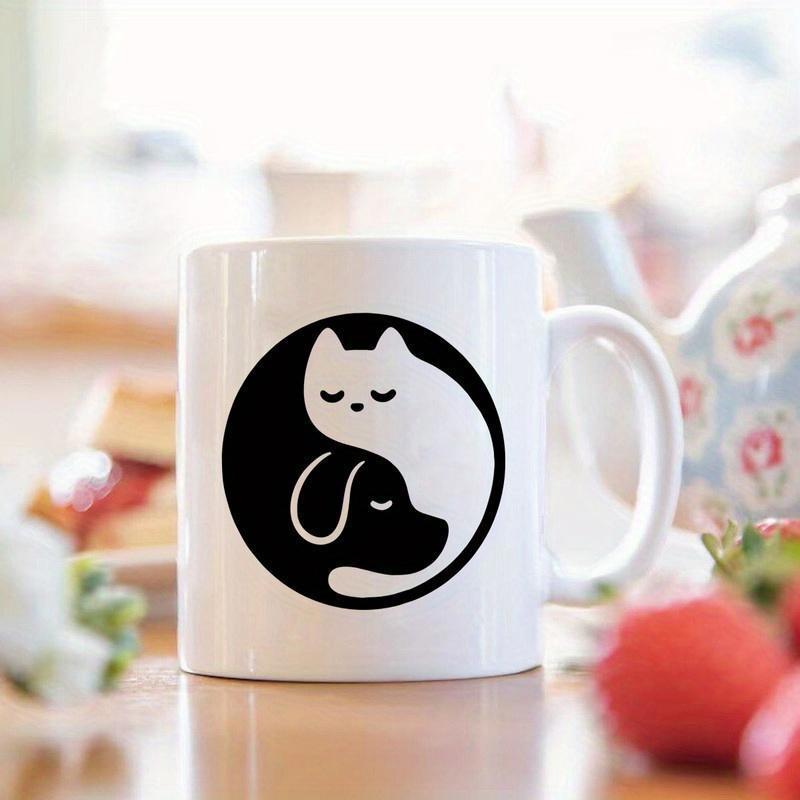 Tailorly White Ceramic 11 oz Mug - Artistic Circular Yin Yang Graphic Featuring Sleeping Feline And Canine Pet