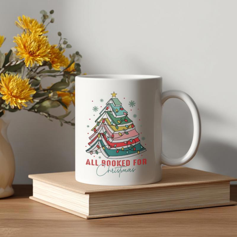 Tailorly White Ceramic 11 oz Mug - All Booked For Christmas Colorful Stacked Books Arranged In Festive Holiday Shape With Tiny Snowflakes Tree