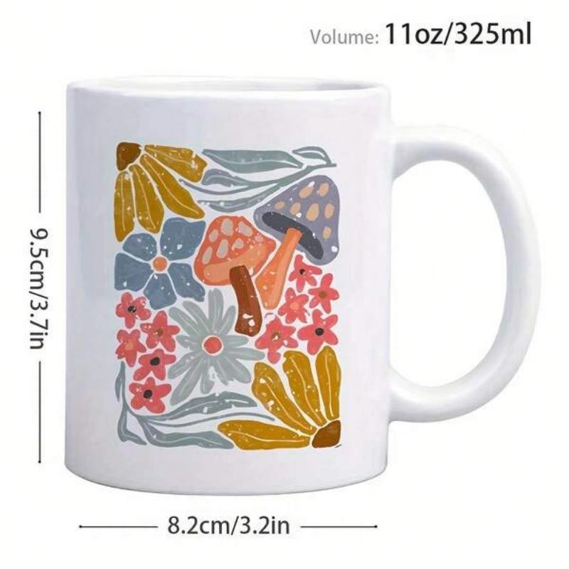 Tailorly White Ceramic 11 oz Mug - Retro Boho Floral Pattern Featuring Colorful Mushrooms And Blooming Flowers Among Leaves Mushroom