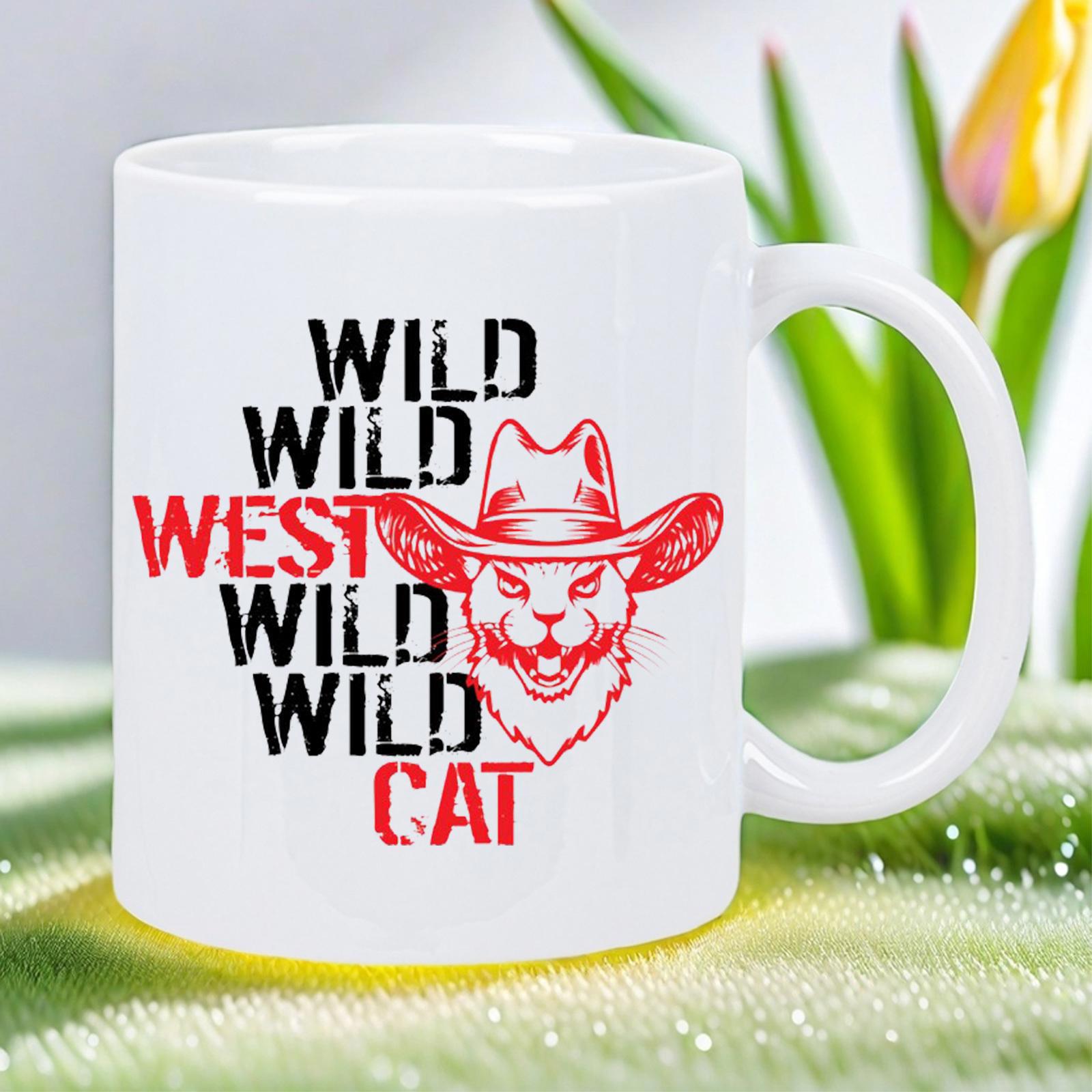 Tailorly White Ceramic 11 oz Mug - Wild Wild West Wild Wild Cat Vibrant Red Feline Illustration Wearing A Distinctive Wide Brimmed Cowboy Hat Cat