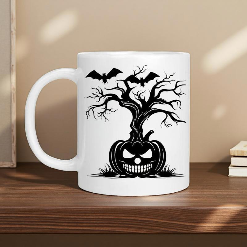 Tailorly White Ceramic 11 oz Mug - Spooky Halloween Silhouette With Twisted Dead Tree And Flying Bats Pumpkin